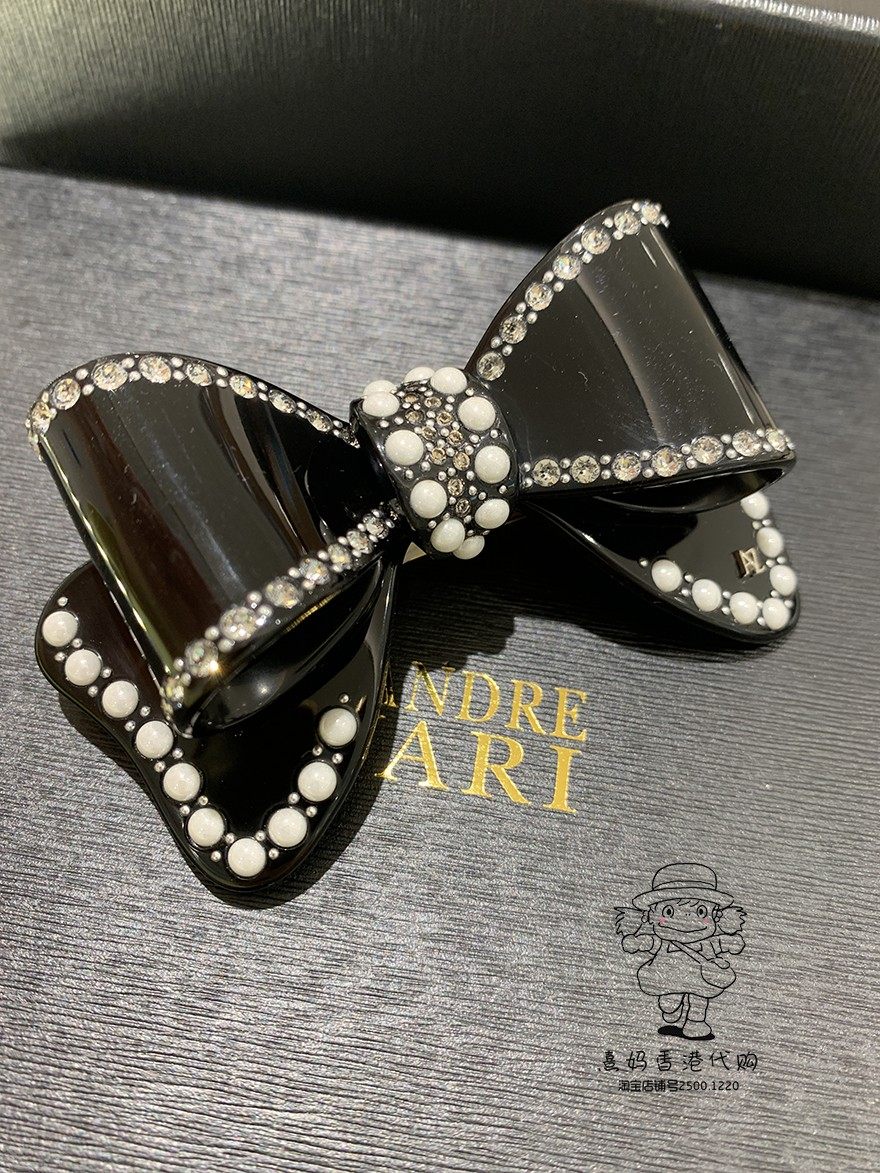 alexandrezouari亚历山大施华利黑蝴蝶结水钻珍珠发夹马尾夹8cm