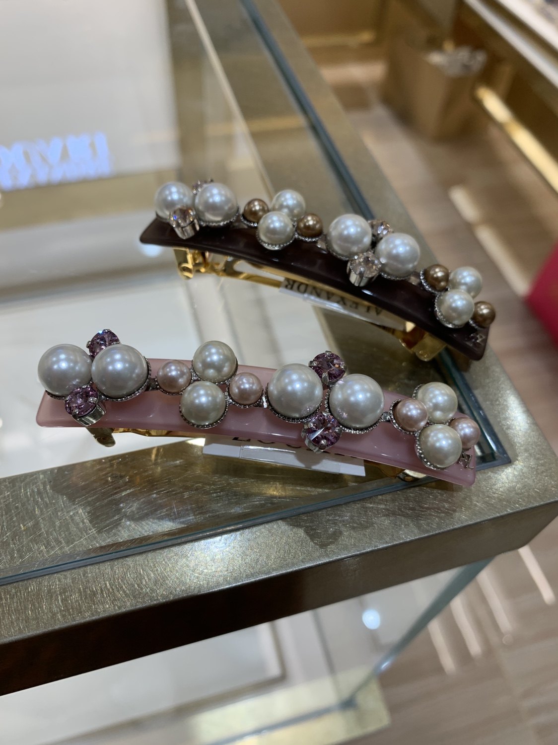 alexandrezouari亚历山大施华利发饰粉色珍珠水钻发夹马尾夹8cm