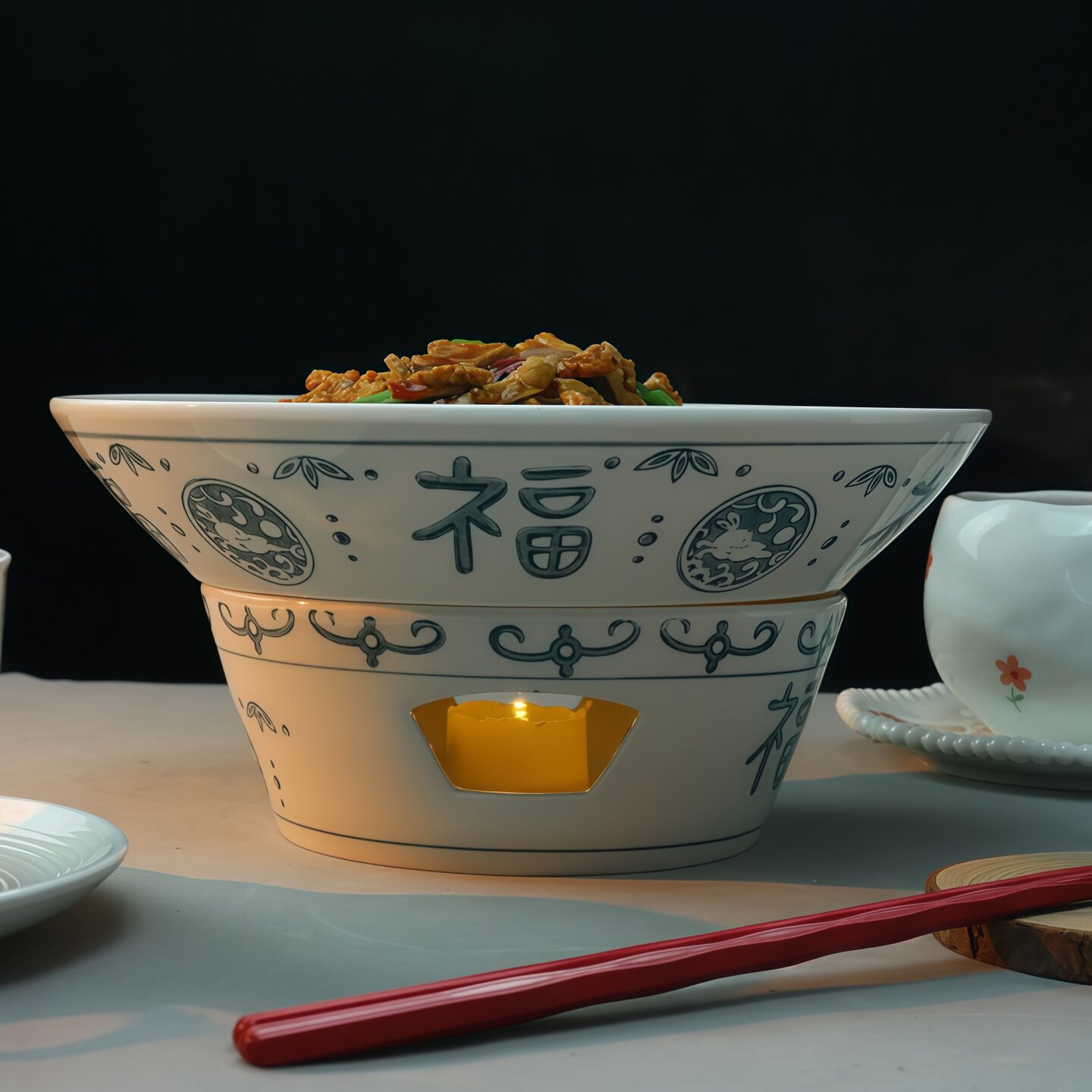 湘菜馆小炒黄牛肉盘子带底座可蜡烛保温酒店中式陶瓷明炉干锅餐具