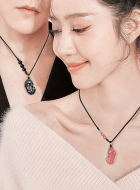 巴度天然草莓晶黑曜石招财纳福吞金兽男女款貔貅吊坠情侣项链