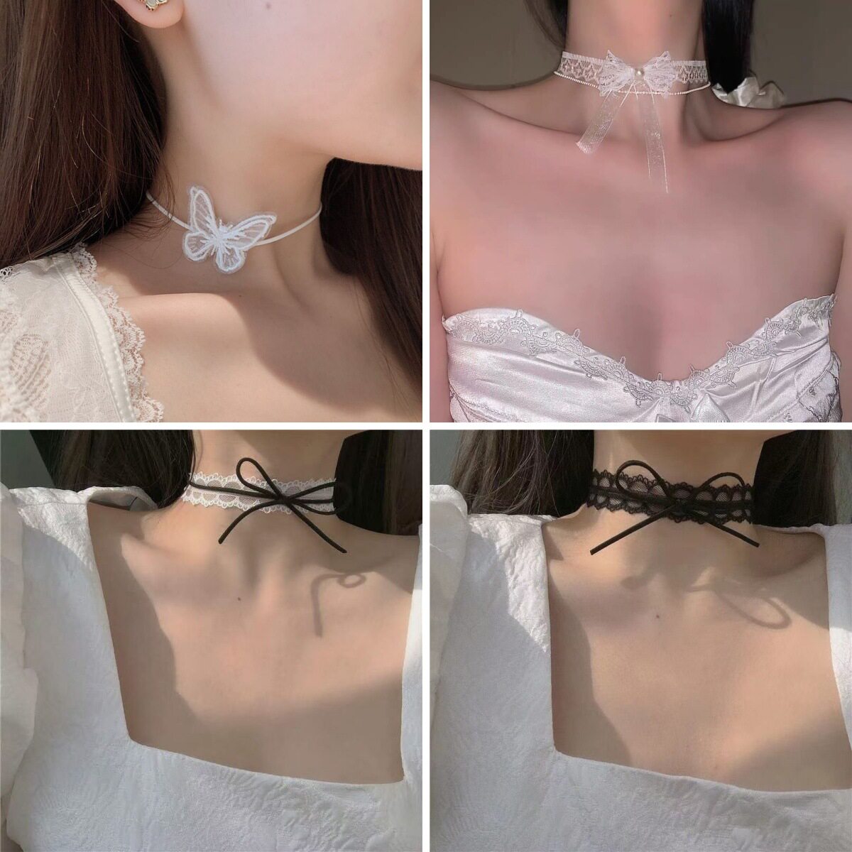 高级感禁欲系项链绳蝴蝶结白色蕾丝项圈女颈带choker脖子配饰颈链