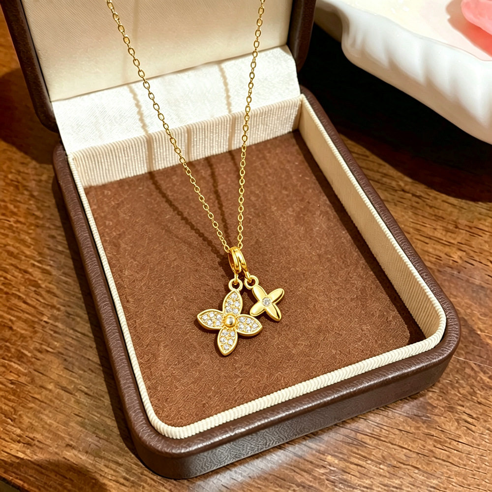 新品双朵印花四叶草吊坠钛钢项链女时尚锆石精致锁骨链轻奢风饰品