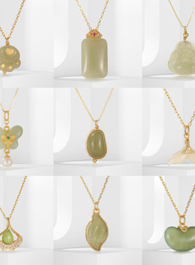 S925银项链女巴度和田玉无事牌猫爪蝴蝶吊坠国潮复古项坠直播批发