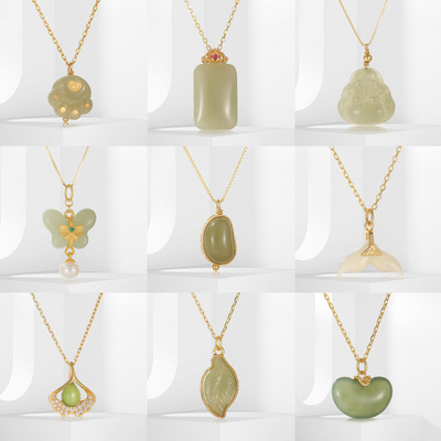 S925银项链女巴度和田玉无事牌猫爪蝴蝶吊坠国潮复古项坠直播批发