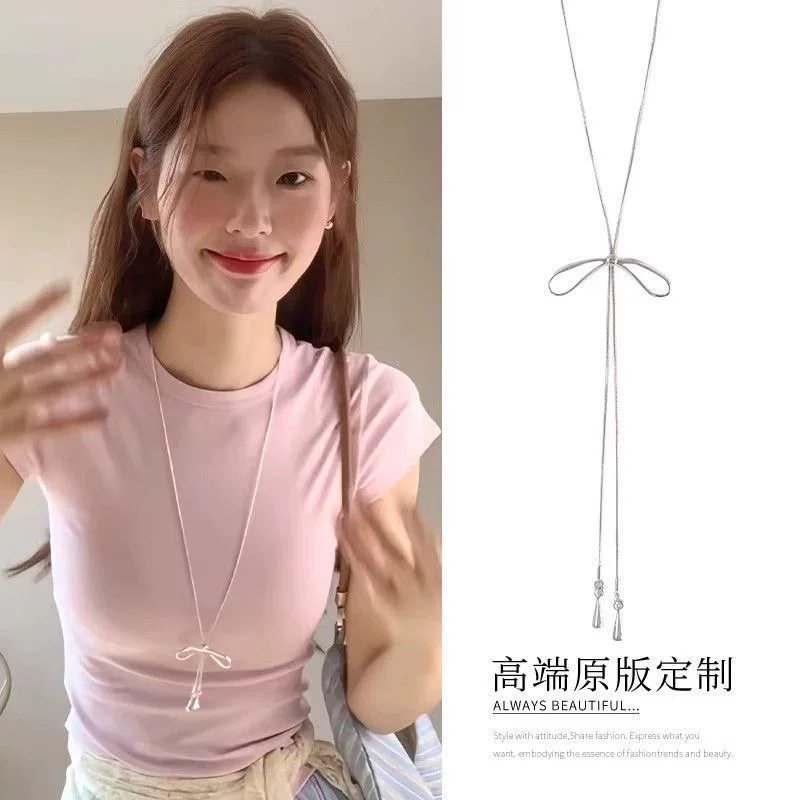 甜美简约抽拉蝴蝶结项链女款韩系小众设计长款卫衣链配饰百搭新款