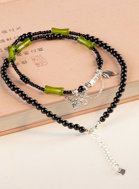 天然黑玛瑙项链绿竹节竹叶蝴蝶吊坠国潮新中式项坠女友礼物毛衣链