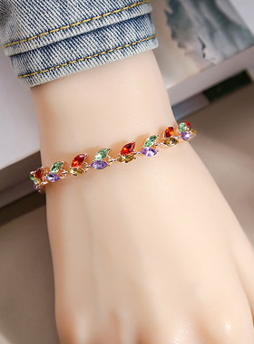 欧美ins七彩水晶手链 时尚轻奢镶钻柳叶手串小众设计个性手饰批发