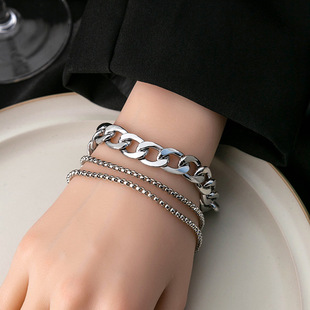 饰品 小众嘻哈冷淡风手饰古巴钛钢男士 欧美个性 叠戴龙骨链条手链