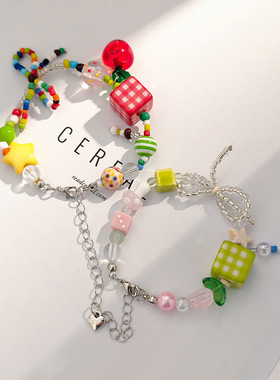 多巴胺彩色串珠蝴蝶结糖果方形手链 轻奢设计感甜美少女个性手饰