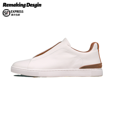 三绷带头层牛皮休闲板鞋