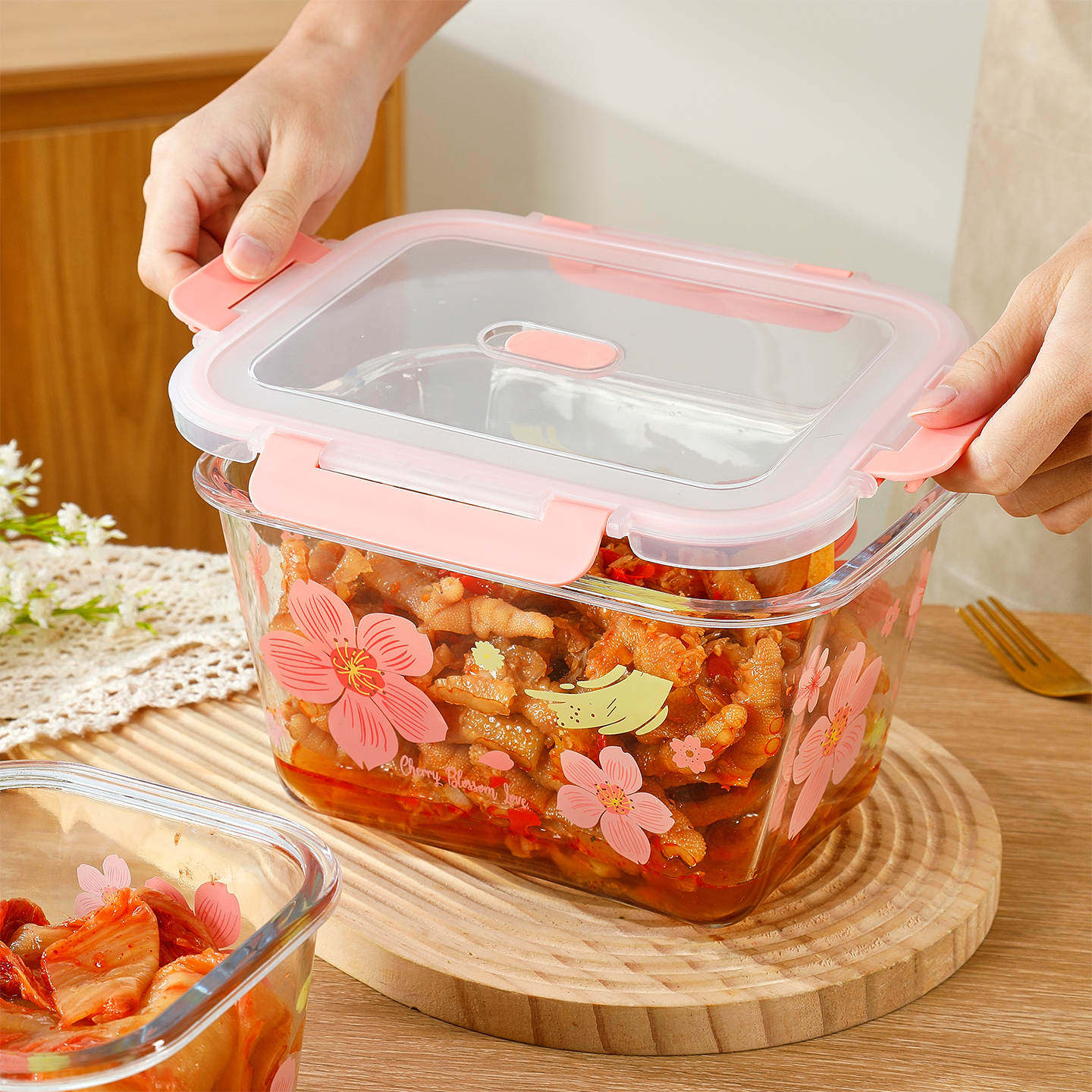转轴特大长2600ML樱花玻璃泡菜保鲜盒水果米桶家用大号储物罐