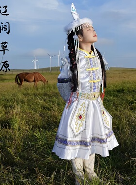 儿童蒙古风演出服女童少数民族舞蹈白色男同筷子舞表演服装草原舞