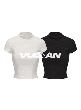 VULCAN 双色高领短袖T恤女2024夏季新款正肩弹力修身基础款上衣