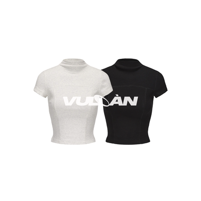 VULCAN 双色高领短袖T恤女2024夏季新款正肩弹力修身基础款上衣