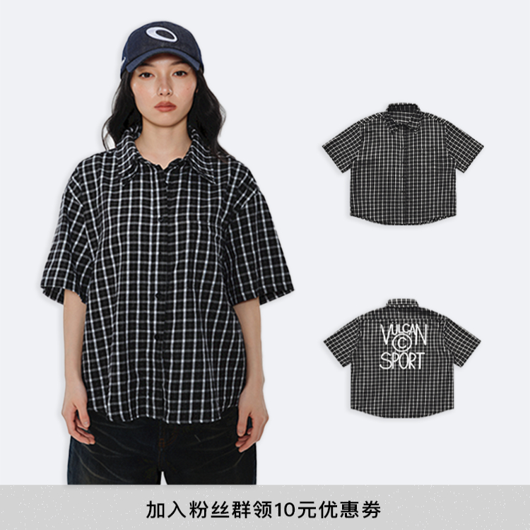 VULCAN双领短袖宽松趣味印花黑色格纹短袖衬衫