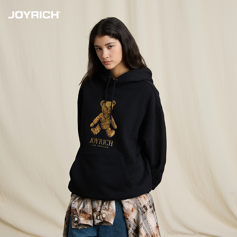 JOYRICH 秋冬男女同款美式街头经典富乐熊宽松连帽套头印花卫衣