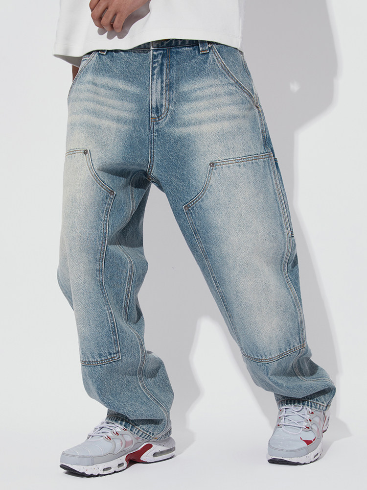 JOYRICH 2024 가을 겨울 같은 스타일 미국 복고풍 더블 무릎 작업복 남성과 여성을위한 스트레이트 루즈 캐주얼 데님 바지