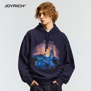 男女同款 JOYRICH美式 复古街头城市夜景印花烫钻连帽卫衣25秋新品