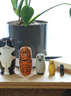 正品日本DETAIL x MIDORI KOMATSU合作款猫咪动物套娃进口彩绘