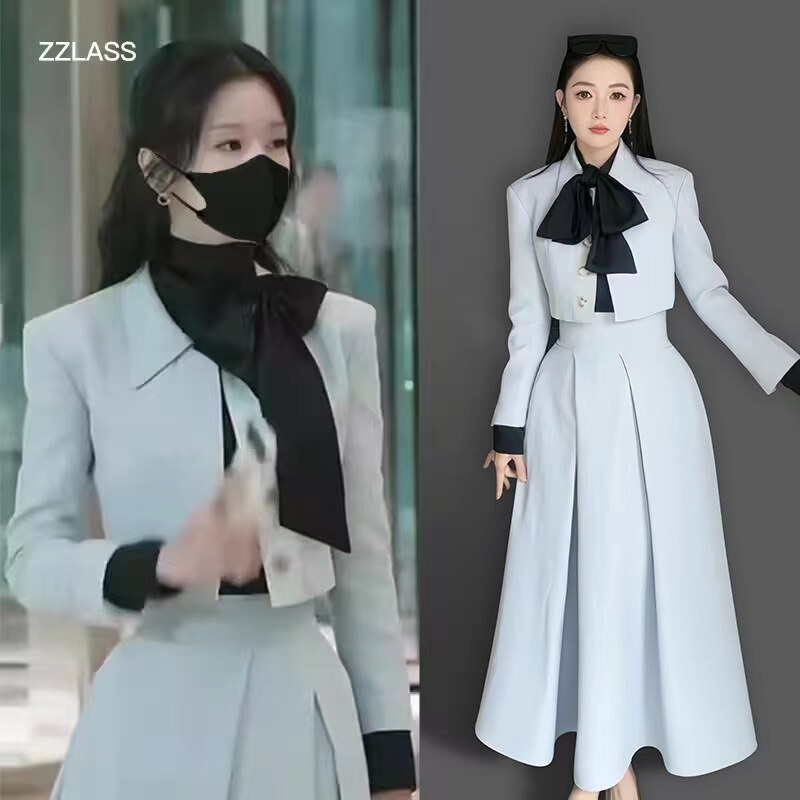 西装外套蝴蝶结衬衣半身裙夏娃明星同款小香风莫兰迪色西服套装
