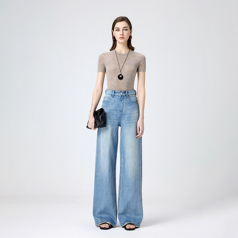 高腰宽松垂感阔腿牛仔裤