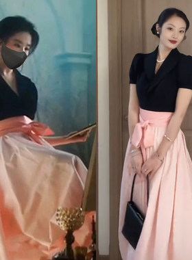 黑色泡泡袖西服V领收腰短袖上衣粉色蝴蝶结蓬蓬裙半身裙长裙套装