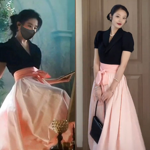 黑色泡泡袖西服V领收腰短袖上衣粉色蝴蝶结蓬蓬裙半身裙长裙套装