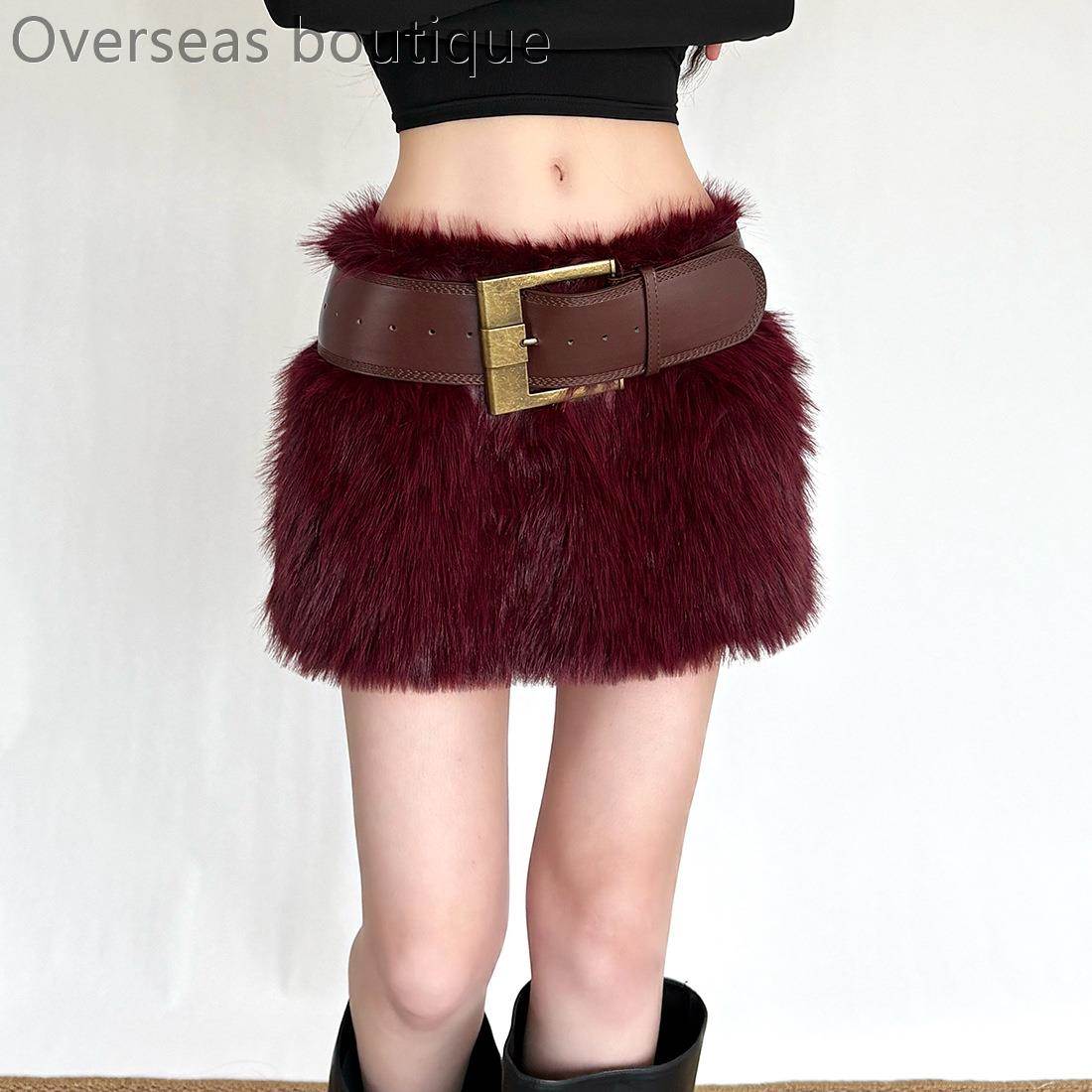 毛绒高腰修身辣妹毛绒半身裙腰带