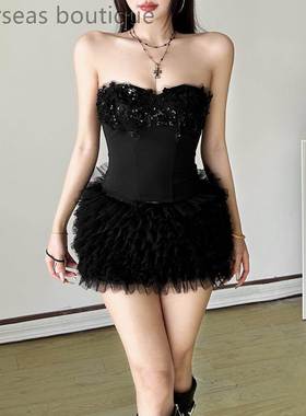 Irregular short top set修身甜辣妹无袖抹胸上衣不规则短款套装