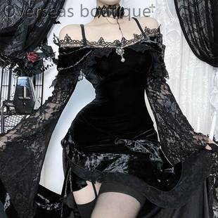 One shoulder velvet dress暗黑系一字肩丝绒连衣裙哥特微透长裙