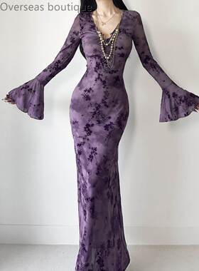 Elegant dress for women新优雅的领植绒连衣裙女味的紫色长裙女