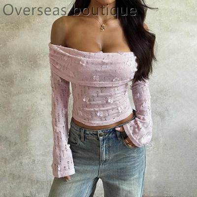 25283立体花朵一字肩上衣上衣