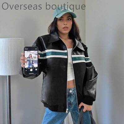 撞色条宽松机车服外套外套女