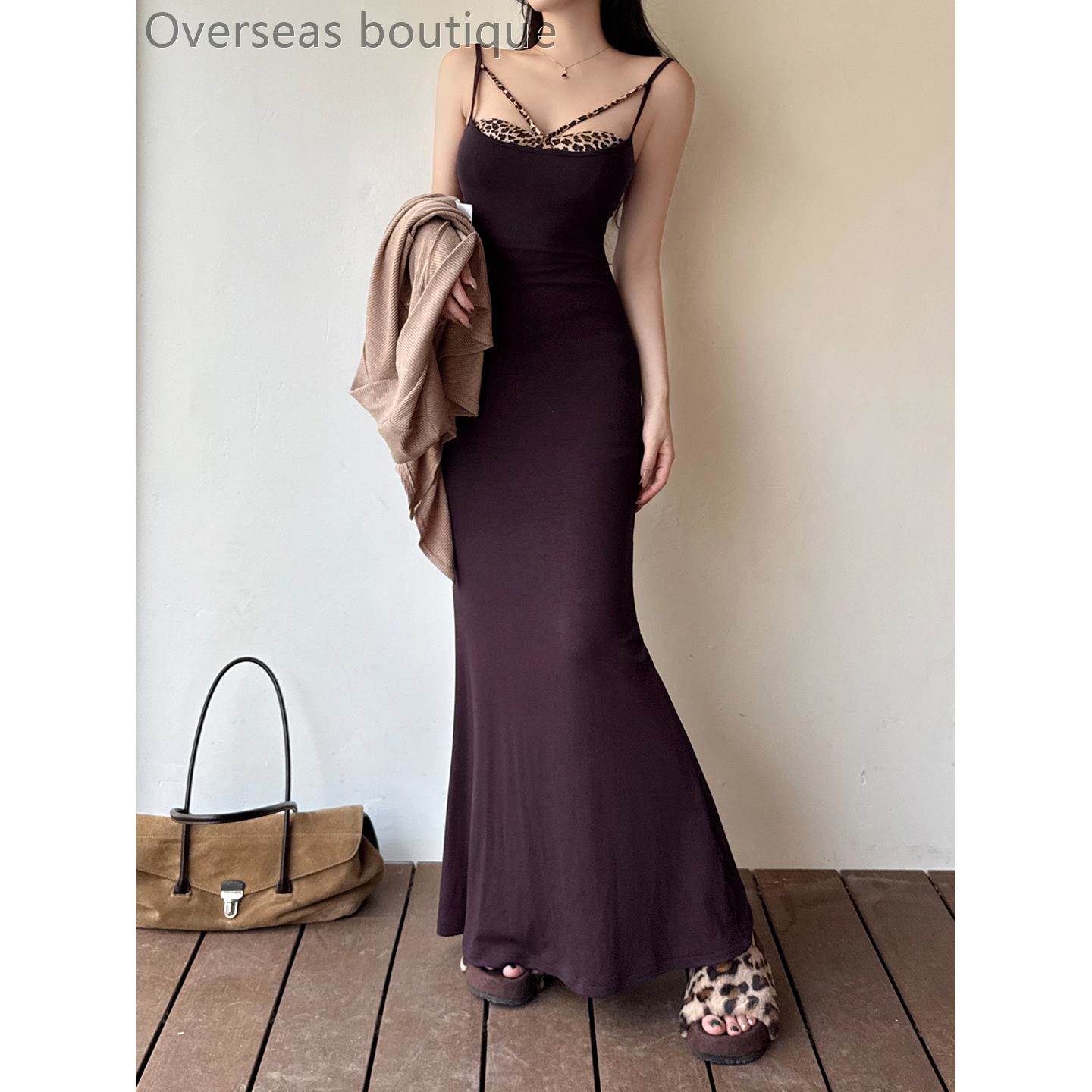 豹纹拼接连衣裙辣妹甜酷修身包