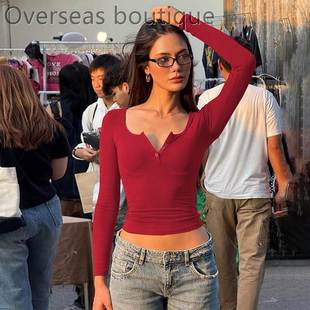 Collar button slim fit long sleeved top T-shirt纽扣长袖上衣