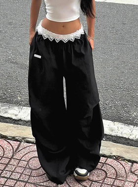 Wide leg floor length pants蕾丝花边撞色腰头工装裤阔腿长裤女