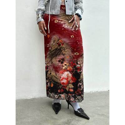 小众文艺花卉印花撞色网纱拼接低