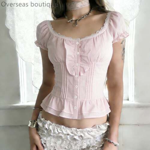 扣荷叶边短袖日减龄方领衬衫