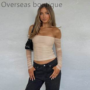 top一字肩蕾丝拼接露背抹胸长袖 Lace sleeved long 上衣 backless