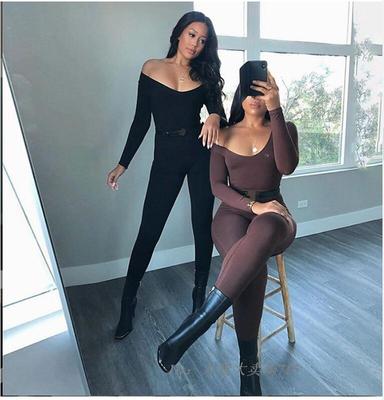 欧美性感长袖高腰纯色运动连体裤