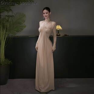 long fit skirt法式 挂脖长袖 长裙 Dress 连衣裙女感御姐修身 slim