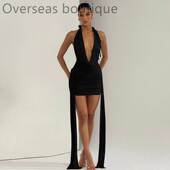 Hanging 包臀连衣裙 dress水滴飘带领挂脖露背修身 neck backless