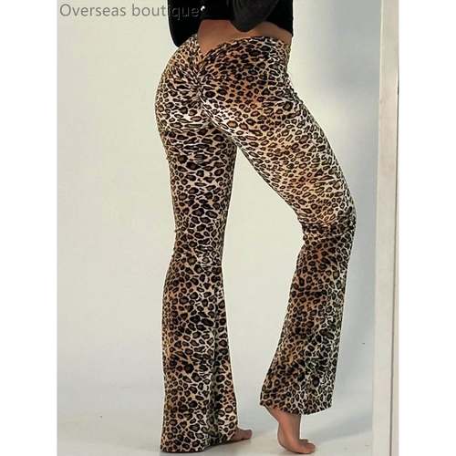 豹纹印花喇叭长裤绒面紧身休闲裤
