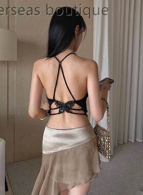 Hanging neck and exposed navel dress辣妹挂脖修身露脐连衣裙女