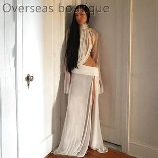 Horn sleeve top split long skirt set喇叭袖上衣开叉长裙套装女