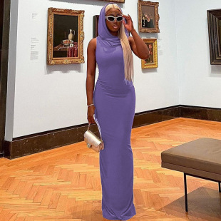 back 纯色连帽后背开叉无袖 sleeveless 女装 连衣裙 dress Split