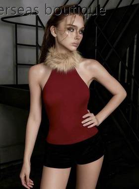 Sleeveless slim fit waist cinching top拼接毛领无袖收腰流上衣