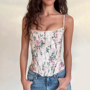 waistband printed top方领印花束腰鱼骨花边背心 collar Square