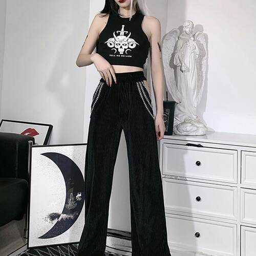 高腰侧开链条性感直筒阔腿裤