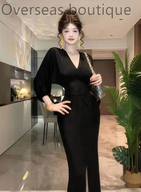 Waist cinched slit long skirt中袖黑色连衣裙高级收腰开叉长裙